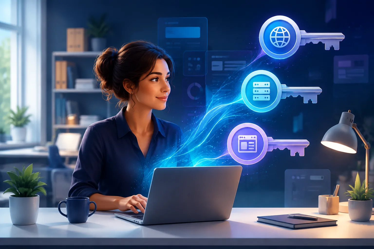 Entrepreneuse devant un ordinateur avec des clés numériques symbolisant ses accès web