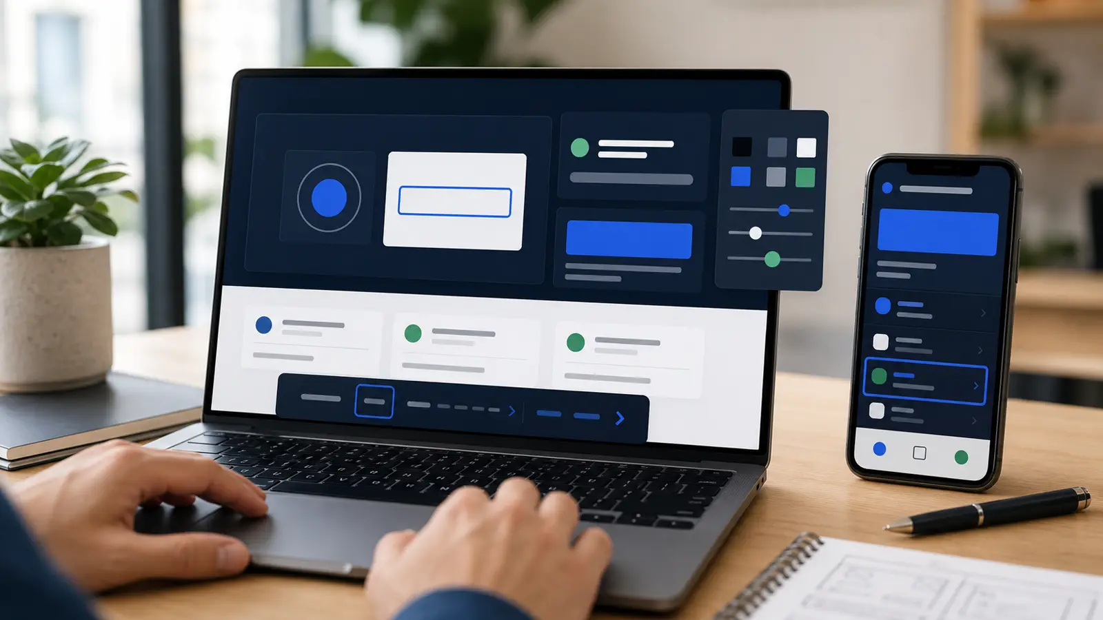 Ordinateur et smartphone affichant un site web avec vérification des contrastes, navigation clavier et interface accessible