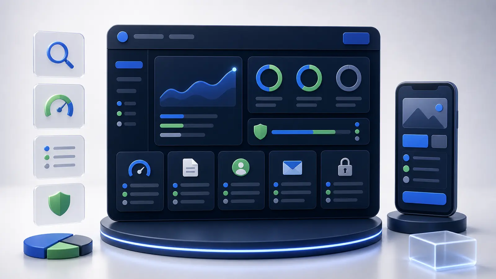 Tableau de bord d’audit web abstrait avec indicateurs visuels sans texte ni chiffres