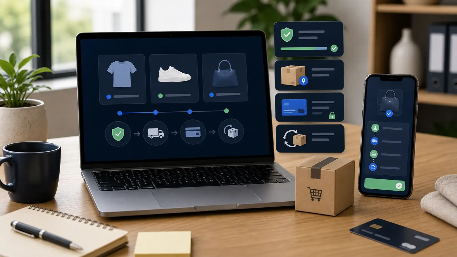 Parcours e-commerce abstrait avec panier, paiement sécurisé et colis sans texte ni logo