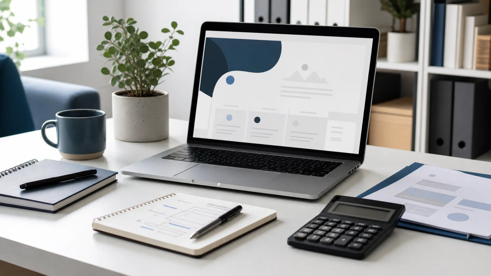 Bureau avec ordinateur, carnet et calculatrice pour préparer le budget d’un site vitrine