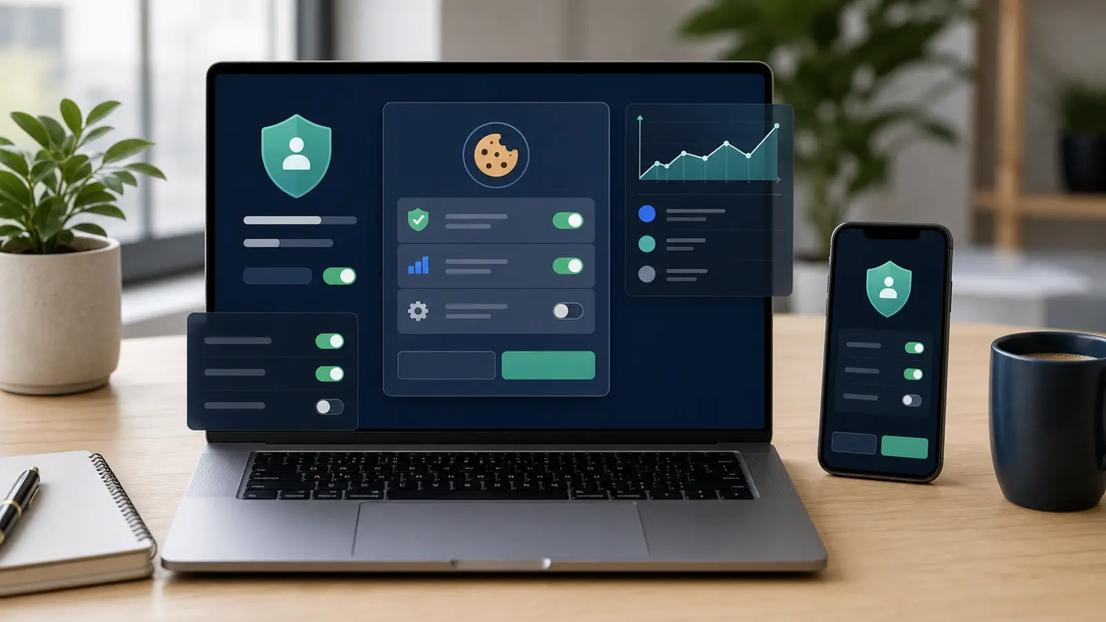 Interface de confidentialité abstraite avec interrupteurs visuels sans texte sur un ordinateur portable