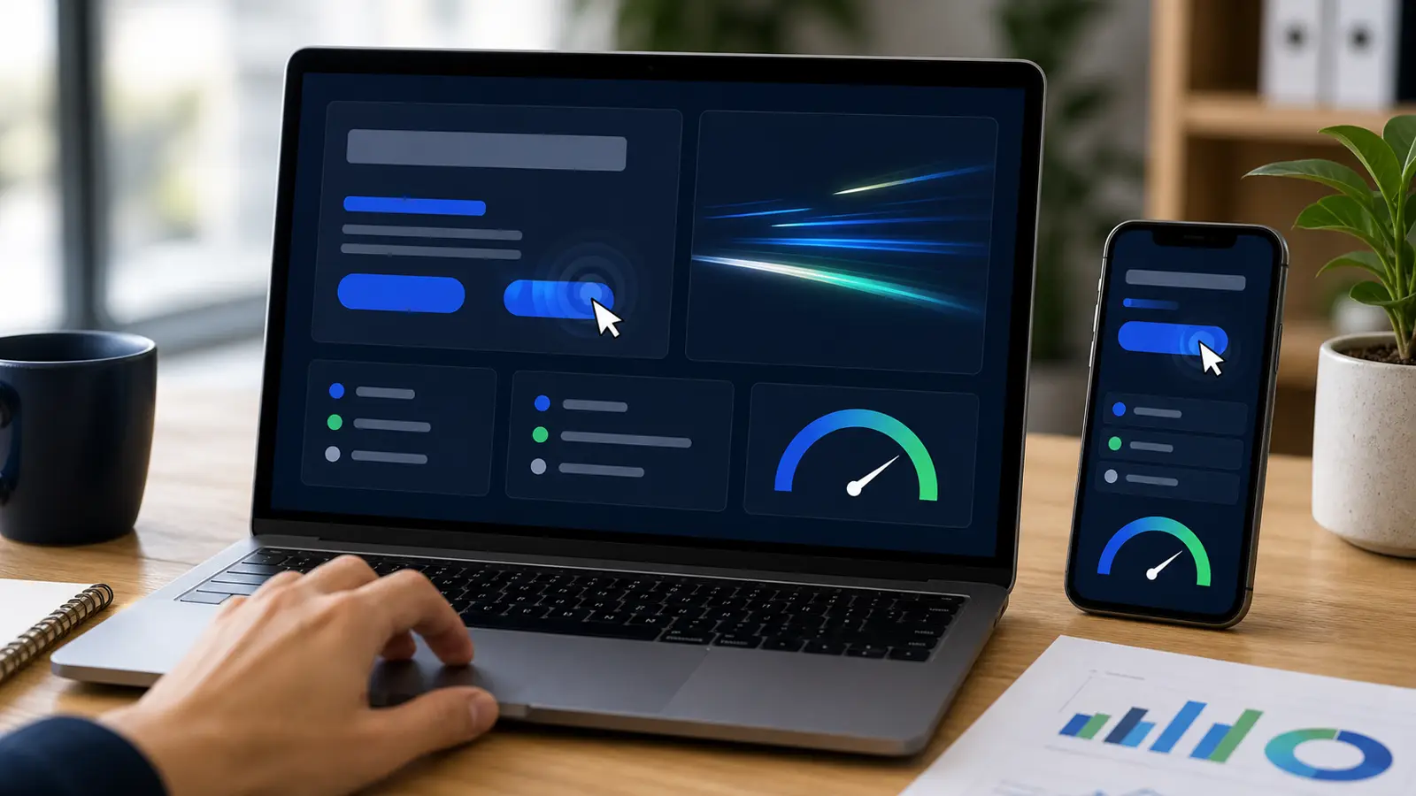Interface web abstraite avec interactions rapides, boutons et indicateurs de performance sans texte