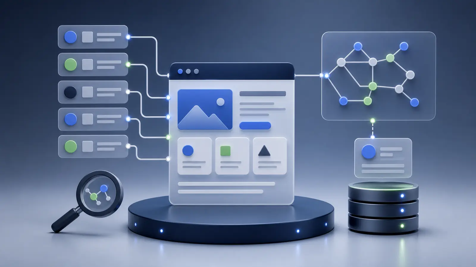 Interface technique abstraite avec blocs de données reliés à une page web sans texte lisible