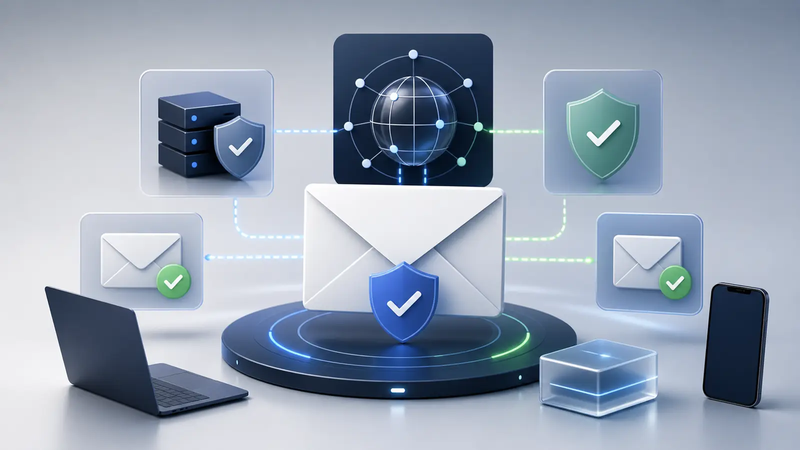 Interface abstraite de messagerie sécurisée avec enveloppes et DNS visuel sans texte