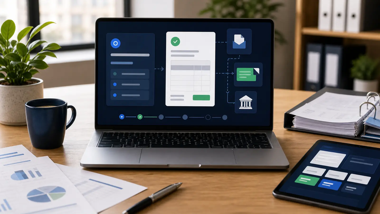 Bureau professionnel avec ordinateur, formulaire de devis abstrait et documents administratifs sans texte lisible