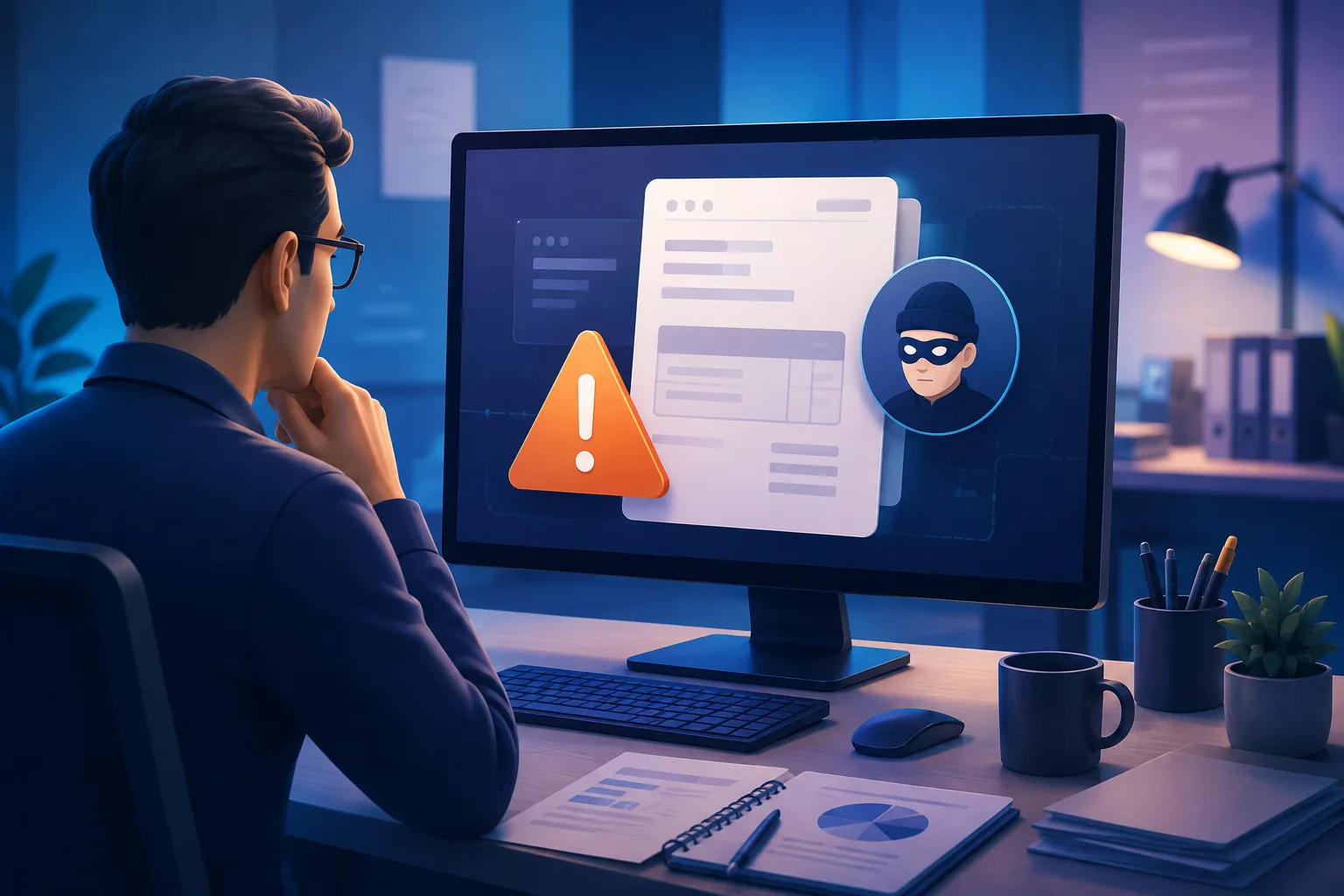 Professionnelle vérifiant une facture web signalée comme douteuse sur son écran