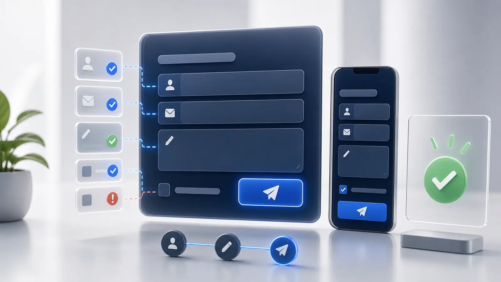 Formulaire web abstrait sur ordinateur et smartphone avec champs visuels sans texte