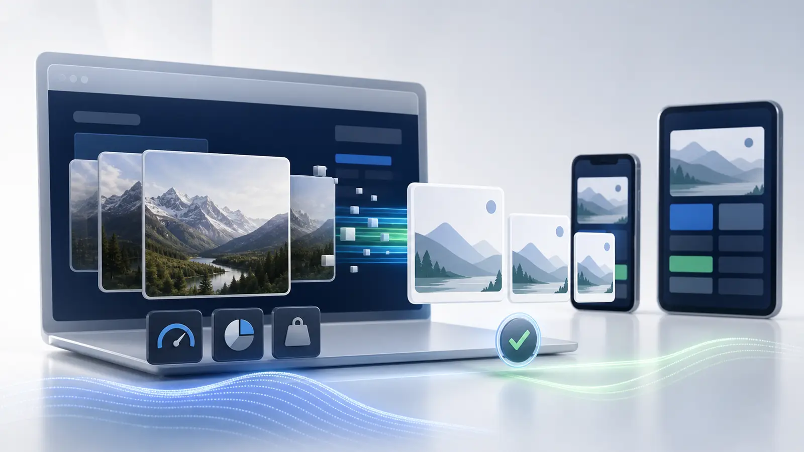 Écran web avec photos abstraites optimisées et jauges visuelles de performance sans texte