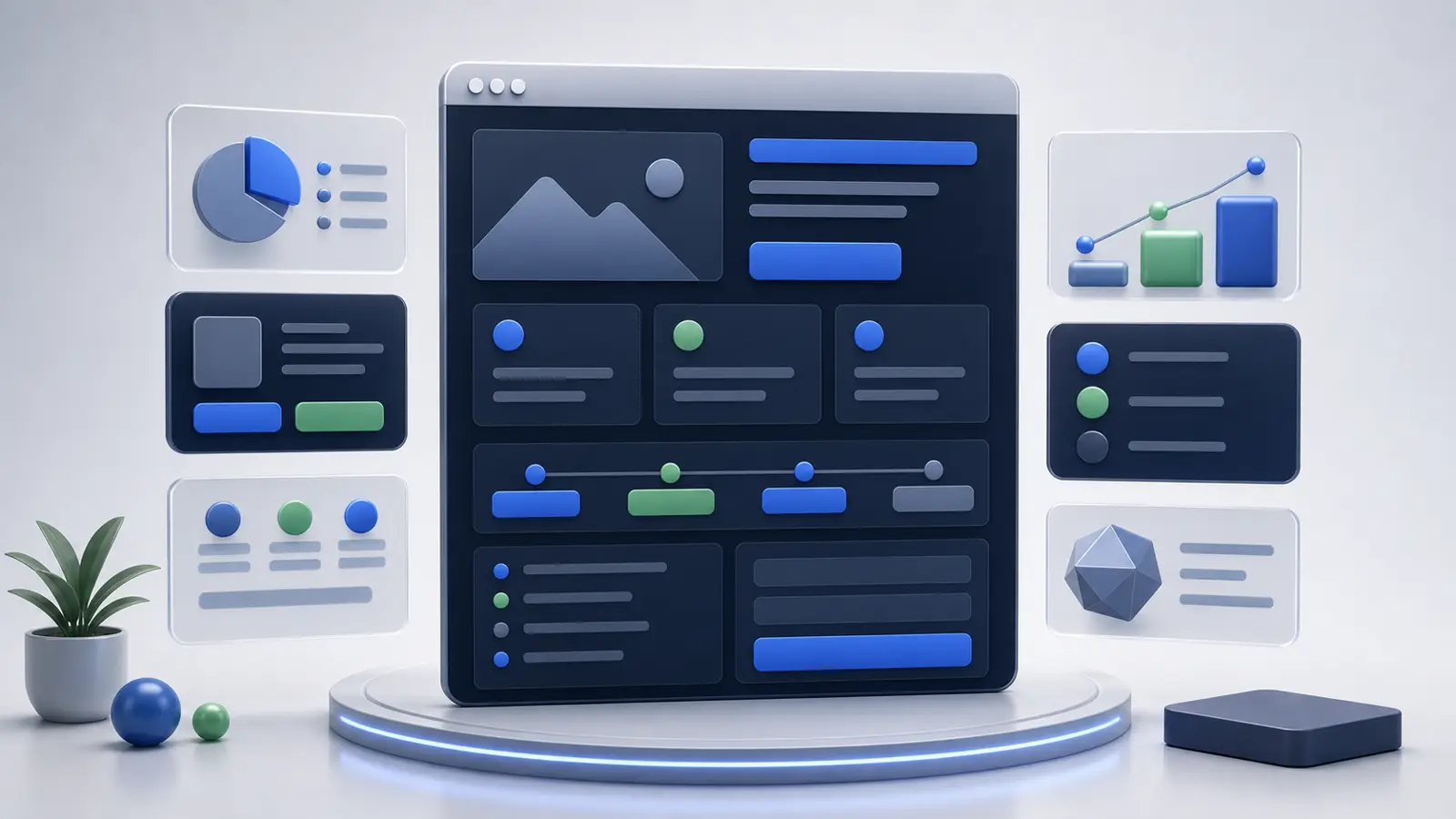Page de service professionnelle structurée en blocs visuels sans texte lisible