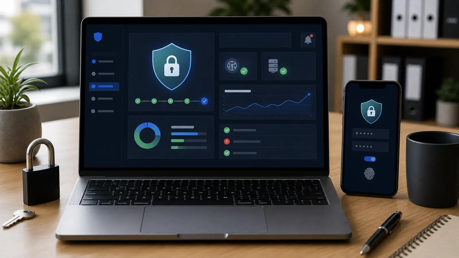 Ordinateur professionnel avec interface de sécurité abstraite, cadenas visuel et alertes sans texte lisible