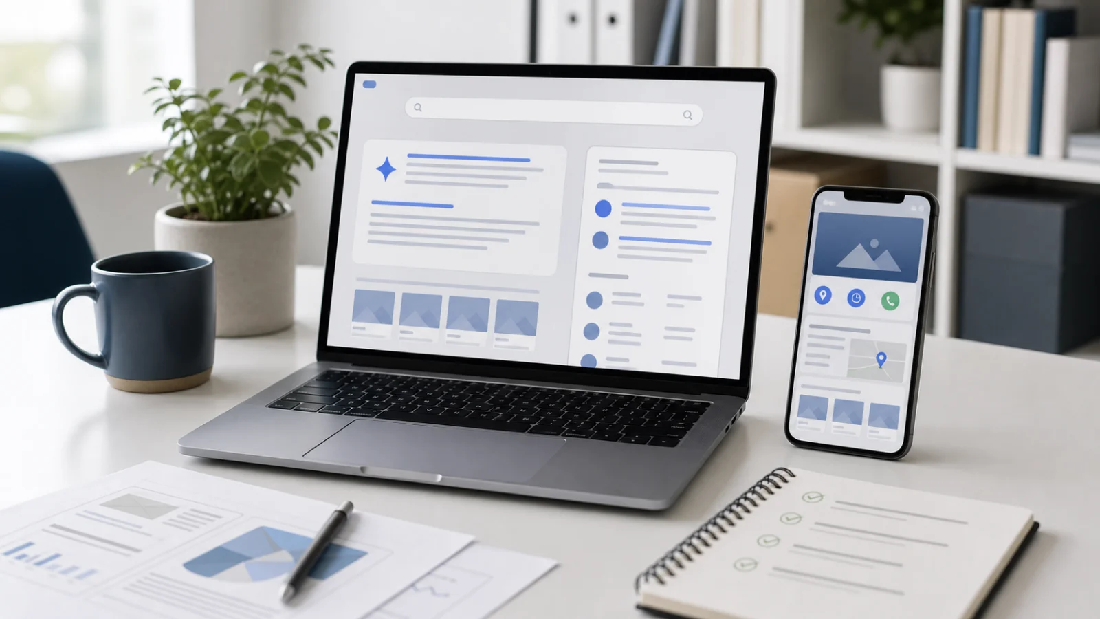 Ordinateur et smartphone affichant une recherche web assistée par IA pour préparer la visibilité d’un site professionnel