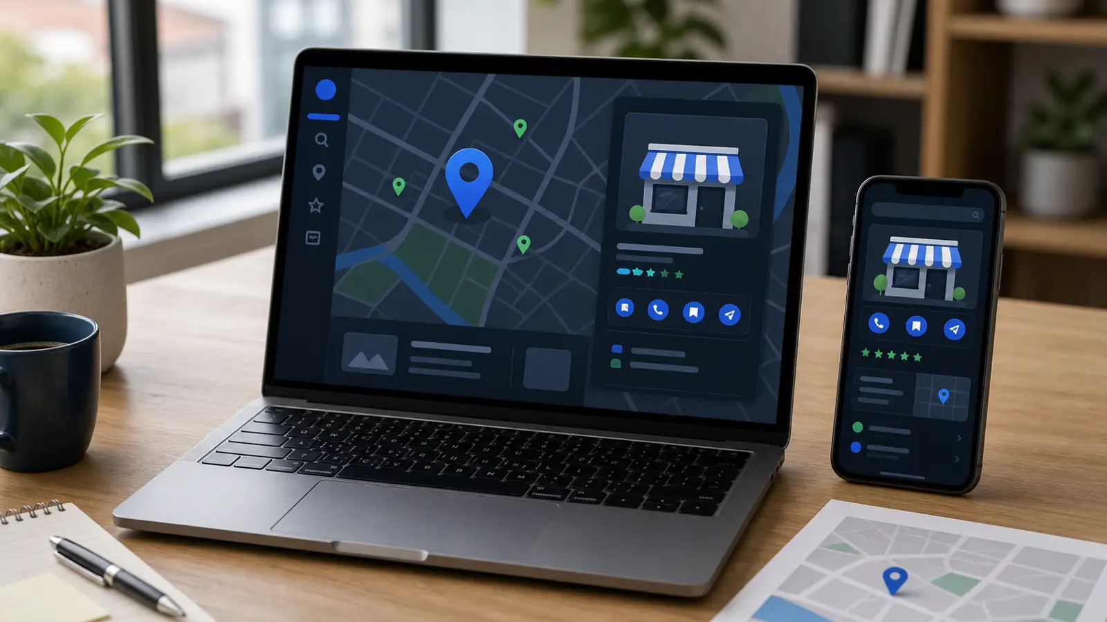Carte locale abstraite, fiche entreprise stylisée et site web professionnel sans texte lisible