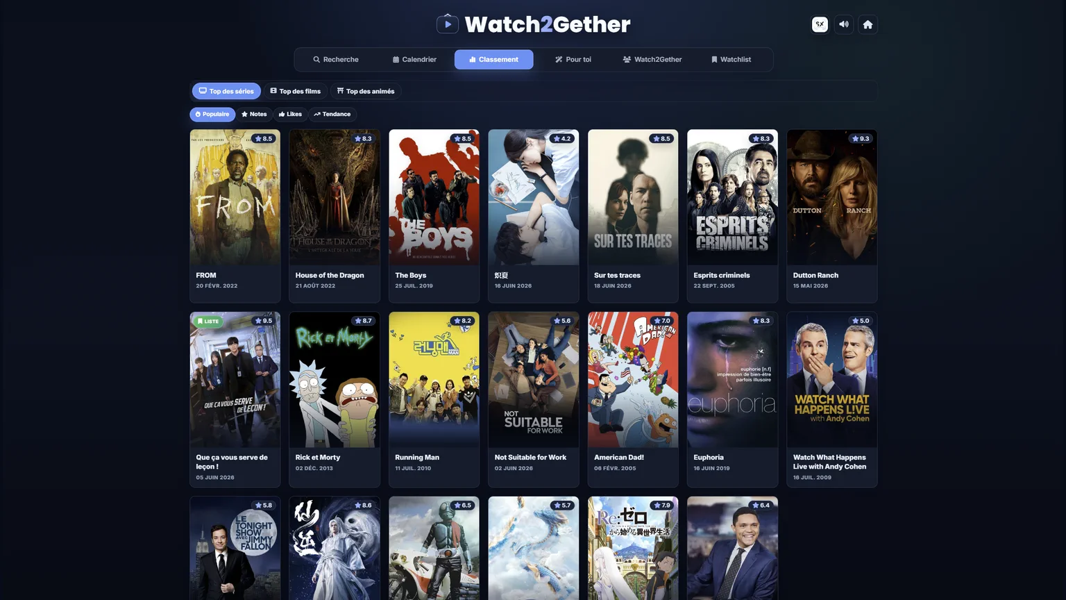 Capture du site interne Watch2Gether