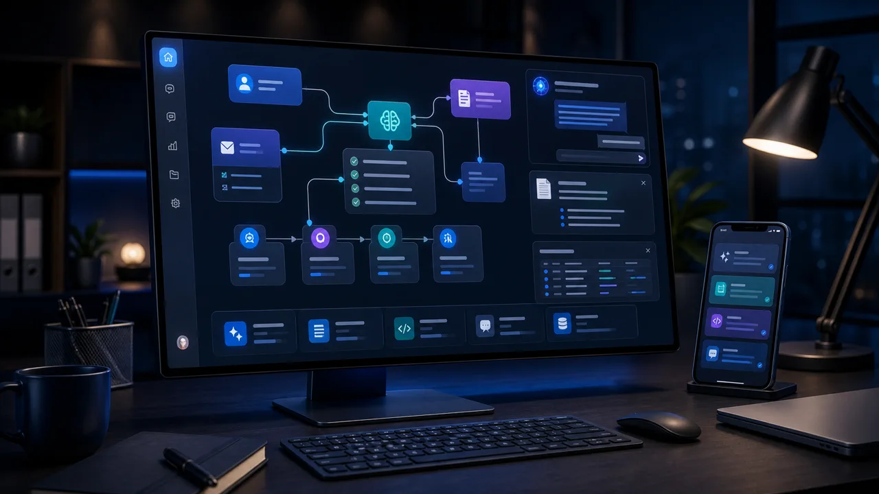 Interface d'automatisation IA avec cartes de workflow et aperçu mobile
