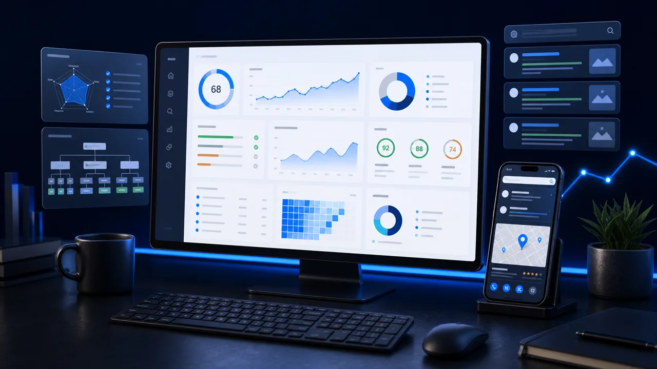 Tableau de bord SEO avec statistiques de visibilité et aperçu mobile