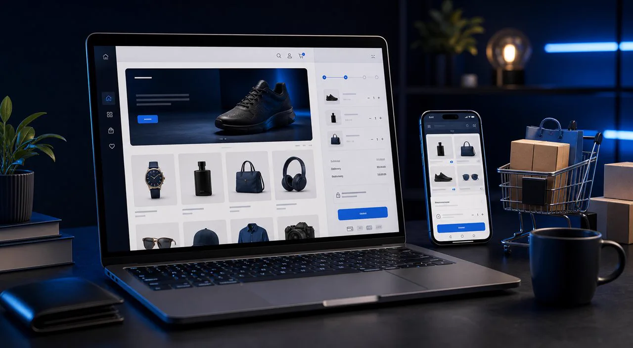 Aperçu d'une boutique en ligne avec panier et interface mobile